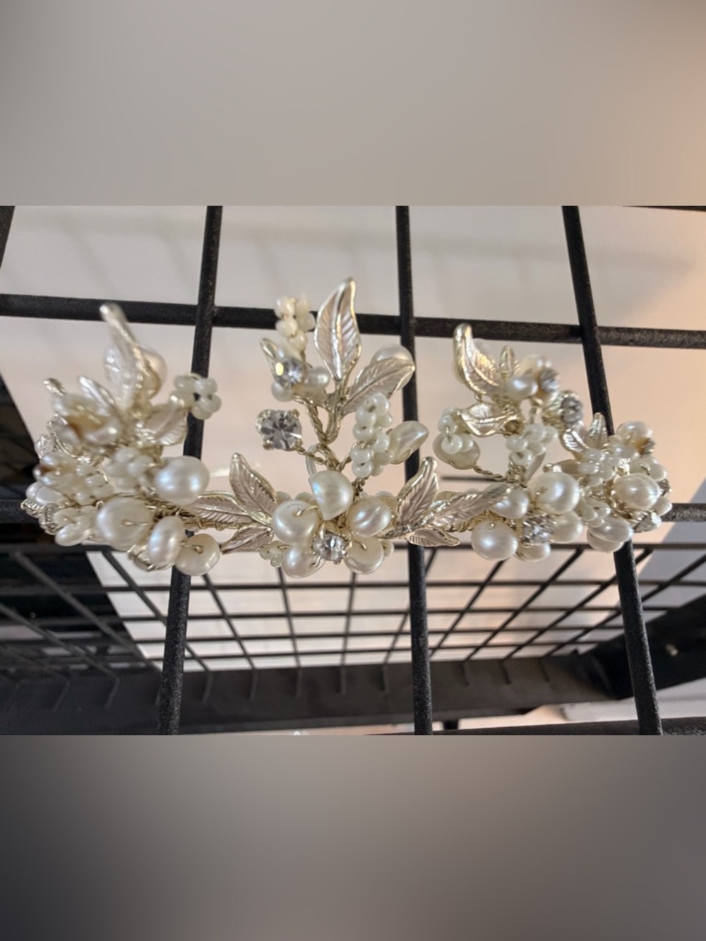 David's Bridal Pearl & Crystal Leaf Hair Vine - Ivory and Silver